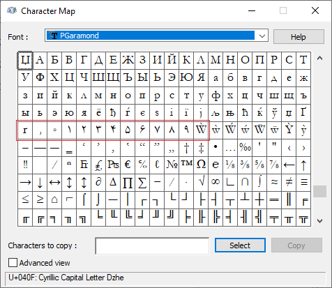 گلیف‌های فونت PGaramond